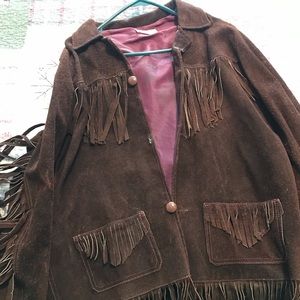 vintage 1970s suede fringe jacket / brown leather / button front